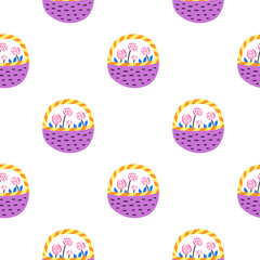 Seamless pattern with rose flowers in baskets.