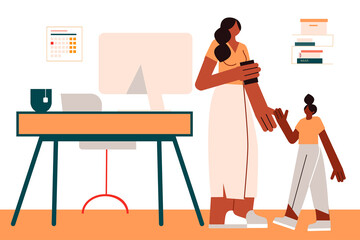 Colorful illustration of a mother working from home, having a break and chatting with her child