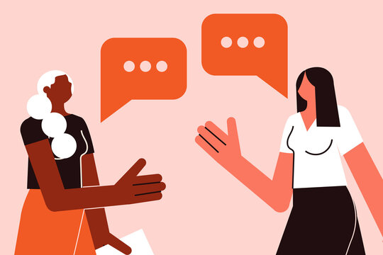 Two women at a workplace, people talking, shaking hands, exchanging their views and insights. Colorful, vector illustration, character design