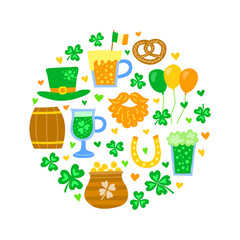 Doodle Saint patrick s day items in circle.