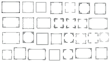 Big Set Black Simple Line Frame Collection Doodle Square Floral Frame Elements Vector Design Style Sketch Isolated Illustration For Banner