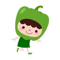 ピーマンのキャラクター。野菜のピーマンの被り物をして楽しそうに踊っている子どものイラスト。