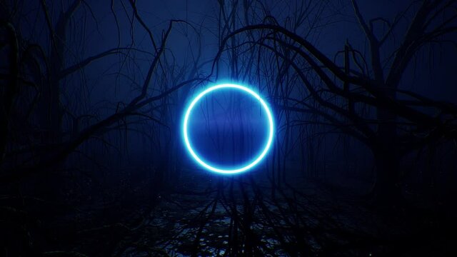 Glowing Blue Neon Circle Light In The Dark Forest 4K