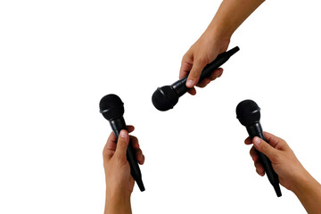 Microphones in hands on a white background of isolate. Vocal music and singing.
