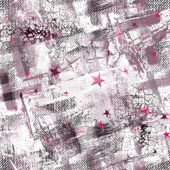 Seamless grunge abstract pattern. Gray, pink strokes, stars on a white background.
