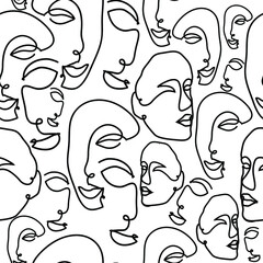 Abstract Boho Face line art vector seamless repeat pattern - 448230727