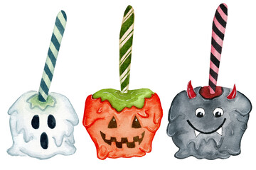 Watercolor Halloween collection of caramel apples, festive dessert in view of jack pumpkin, ghost and demon. All elements are made by hand on a white background.