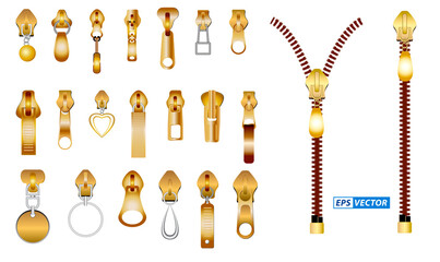 set of realistic zipper for clothes isolated or gold luxury zipper garment or zipper metal fastener fashion concept. eps vector © coolvectormaker