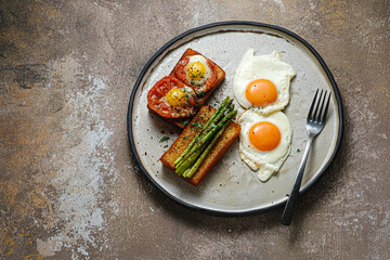 Breakfast with asparagus,eggs and tomato, copy space
