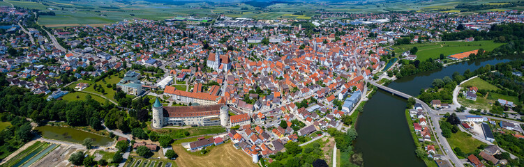 Fototapeta na wymiar Aerial view of the city Lauingen in Germany, Bavaria on a sunny high noon spring day