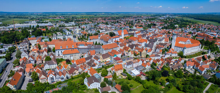 Aerial view of the city Dillingen in Germany, Bavaria on a sunny high noon spring day