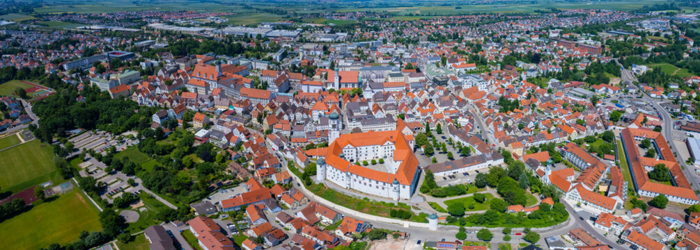 Aerial view of the city Dillingen in Germany, Bavaria on a sunny high noon spring day