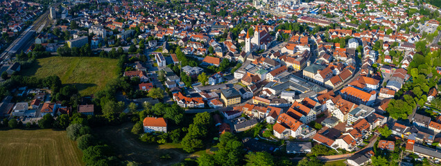 Aerial view of the city Moosburg in Germany, Bavaria on a sunny afternoon spring day