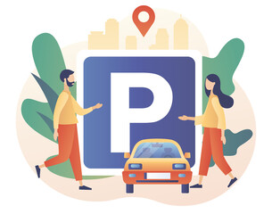 Parking - big road sign. Tiny people looking for parking space, park automobile. Public car-park in big city. Urban transport. Modern flat cartoon style. Vector illustration on white background - obrazy, fototapety, plakaty