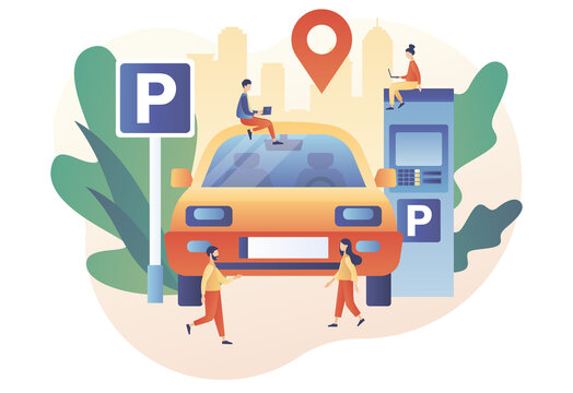 Tiny people park сar in Parking area, parking lot. Public car-park in big city. Urban transport. Road sign. Modern flat cartoon style. Vector illustration on white background