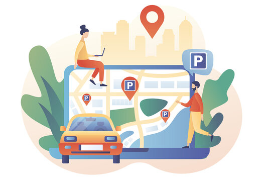 Parking area in map online. Tiny people looking for parking lot for park automobile via web site. Public car-park. Urban transport. Modern flat cartoon style. Vector illustration on white background