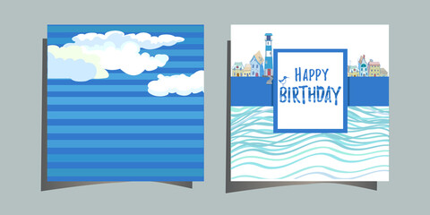 set of happy birthday card with marine motive