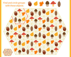  Logic game for children. Divide and circle the groups with the objects shown at the top