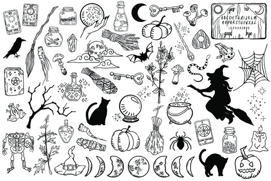 Witchcraft symbols design elements set. Witch magic illustration in hand drawn, sketch style. Tarot cards, black cat, potions, witch on a broom, magic ball, halloween. Stock vector illustration.