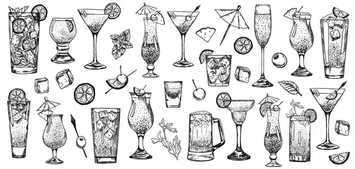 Foto op Plexiglas Summer cocktails. Set of elements and illustrations for the bar. Engraving. Stock vector illustration. © Ekaterina