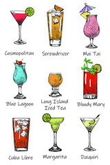 Collection of cocktails for bar and pub. Stock vector illustration.