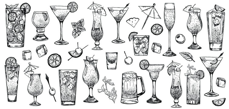 Summer cocktails. Set of elements and illustrations for the bar. Engraving. Stock vector illustration.