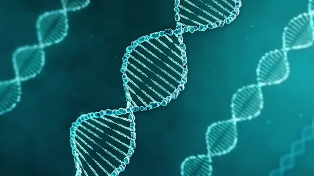 Abstract 3D DNA helix rotating under microscope, futuristic modern genetics information research and human health development concept, protein strand