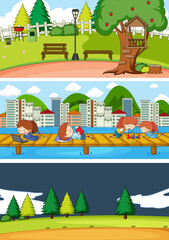 Set Different Horizontal Scenes With Doodle Kids Cartoon Character_3