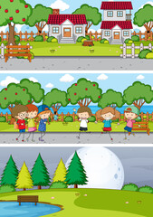Set Different Horizontal Scenes With Doodle Kids Cartoon Character_5