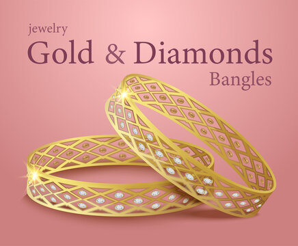 diamond cut gold bangle golden Bracelet jewelry woman fashion jewel bangles with gems vector illustrator