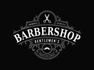 Barbershop ornate vintage ornamental typographic logo with scissors element