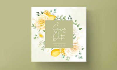 Wedding Invitation Card With Beautiful Summer Roses Lemon Wreath Frame_3