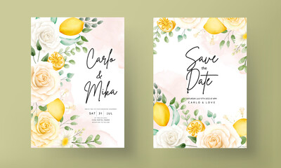 Wedding Invitation Card With Beautiful Summer Roses Lemon Wreath Frame