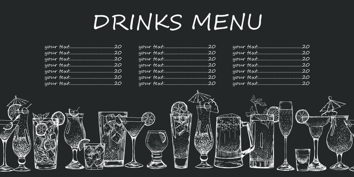 Chalkboard drinks menu. Stock vector illustration.