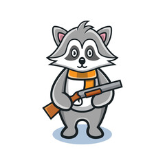 cute raccoon cartoon animal holding a shotgun