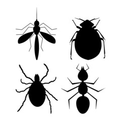 Tick, ant, flea and mosquito black silhouette isolated on white background.Harmful insects set icon.Beetle simple shape pictogram collection.Pest control insect service label.Stock vector illustration