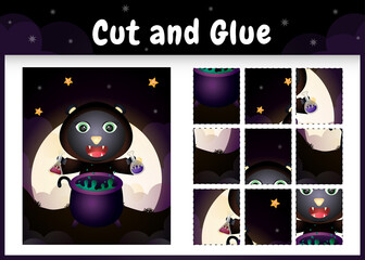 Children board game cut and glue with a cute black cat using halloween costume