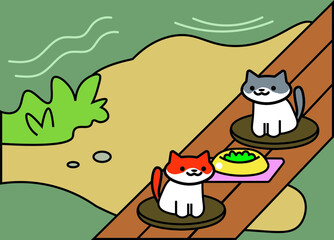 Cute kawaii cats sitting outside on cushions beside the bowl full of food, wooden bridge on the shore of a pond.