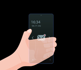 transparent phone icon. glass mobile phone with hand vector illustration