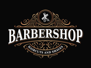 Barbershop hairdresser vintage royal elegant luxury victorian ornamental typographic logo with scissors and comb 