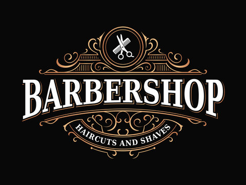 Barbershop hairdresser vintage royal elegant luxury victorian ornamental typographic logo with scissors and comb 