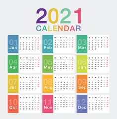 Colorful Year 2021 calendar horizontal vector design template, simple and clean design. Calendar for 2021 on White Background for organization and business. Week Starts Monday.