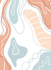 Abstract shape art poster in beige, light pink and blue colors. Art design for print, cover, wallpaper, minimal and natural wall art. Vector illustration.