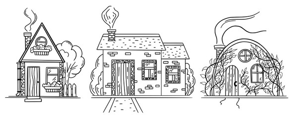 Set of hand drawn cute houses doodle icon silhouette on white background for coloring book. Hand drawn sketch and sign cartoon symbols. Decoration element. Vector illustration.