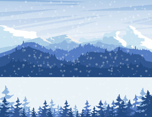 Blue winter landscape, mountains in winter with evergreen coniferous forest. Banner or poster with winter landscape for hiking, travel or tourism concept. Flat vector illustration.