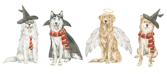 Cute watercolor dogs in halloween costumes. Samoyed, husky, golgen retriever, shiba inu in carnival costumes for autumn party. Wizard, angel, witch.