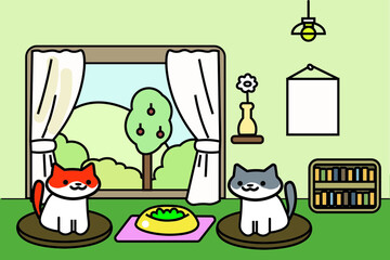 Two happy kawaii baby cats sitting next to a bowl filled with food in a living room against the window into green summer garden. Vector flat illustration for kids. 