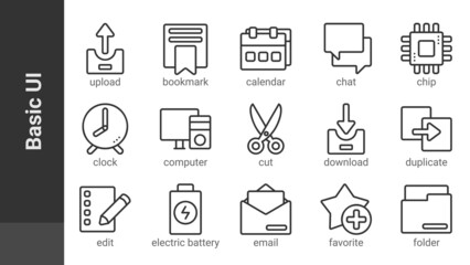 Basic UI 1, editable outline icons set isolated on white. Perfect thin outline icon style