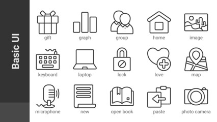 Basic UI 2, editable outline icons set isolated on white. Perfect thin outline icon style