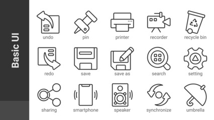Basic UI 3, editable outline icons set isolated on white. Perfect thin outline icon style